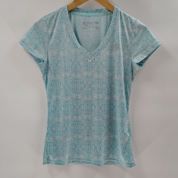 Ariat Tek Athletic Top Size Small V Neck Short Sleeve Stretch Aqua Blue - Picture 1 of 5